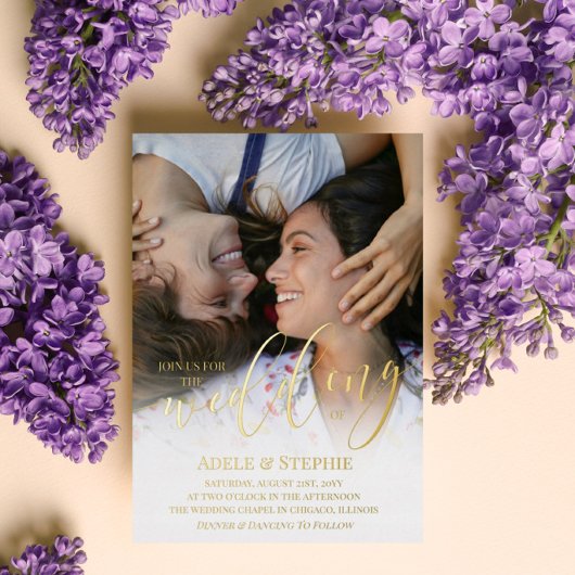Invitation En Aluminium Mariage Or Script Photo Double Face