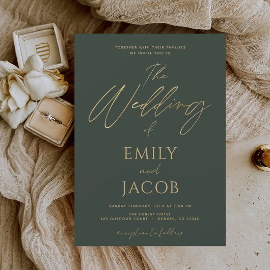 Invitation En Aluminium Mariage Or Vert Typographie Moderne Script