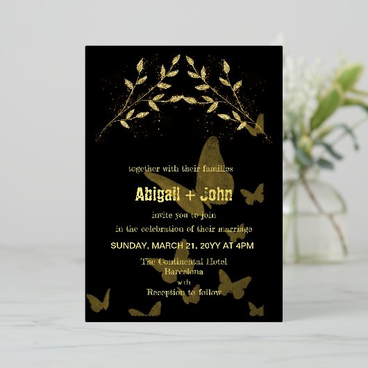 Invitation En Aluminium Mariage papillon Gold Branch (Debout devant)