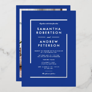 Invitation En Aluminium Mariage photo à cadre géométrique en argent bleu