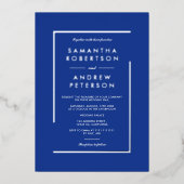 Invitation En Aluminium Mariage photo à cadre géométrique en argent bleu (Recto)