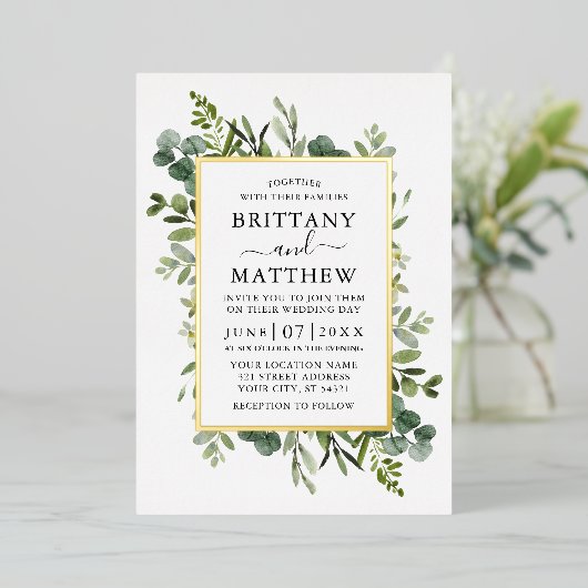 Invitation En Aluminium Mariage photo botanique de verdure à l'aquarelle e (Debout devant)