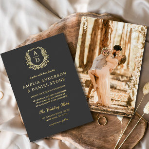 Invitation En Aluminium Mariage photo Charcoal Grey Gold Leafy Crest