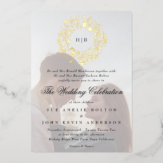Invitation En Aluminium Mariage photo classique de la couronne d'or botani (Recto)