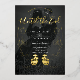 Invitation En Aluminium Mariage photo de crâne noir floral or gothique