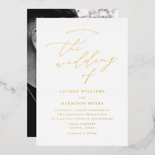 Invitation En Aluminium Mariage photo de script blanc et or (Recto/Verso)