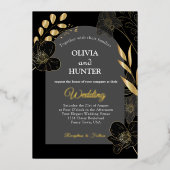 Invitation En Aluminium Mariage photo floral noir et or moderne Foil (Recto)