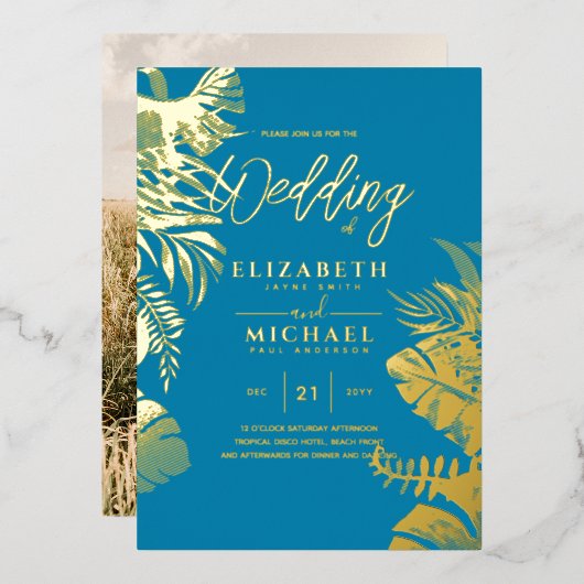 Invitation En Aluminium Mariage PHOTO Gold Disco Tropical Moderne (Recto/Verso)
