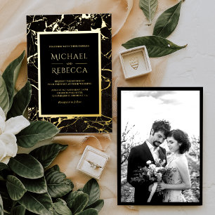 Invitation En Aluminium Mariage Photo Marbre Noir Moderne Or