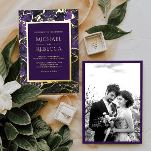 Invitation En Aluminium Mariage Photo Marbre Violet Royal Moderne Or
