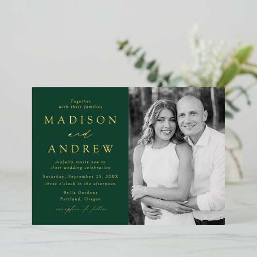 Invitation En Aluminium Mariage photo moderne Elegance Green et Gold (Debout devant)