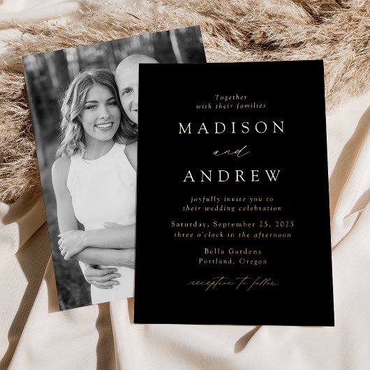 Invitation En Aluminium Mariage photo moderne Elegance noir et or