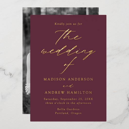 Invitation En Aluminium Mariage photo moderne Elegance Vin et or (Recto/Verso)