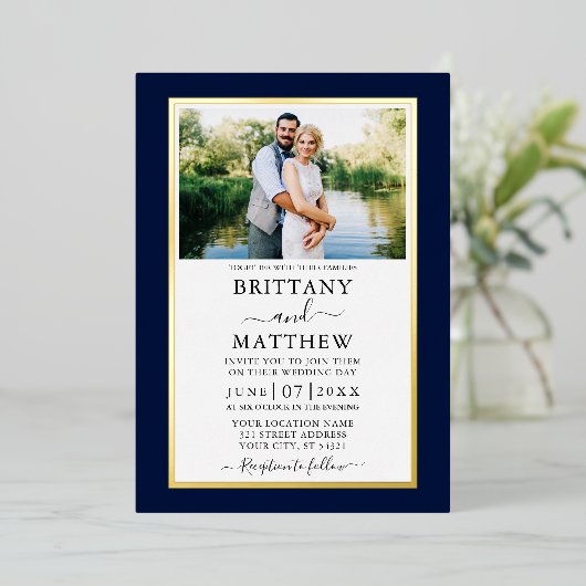 Invitation En Aluminium Mariage photo moderne Elegant Bleu Or (Debout devant)