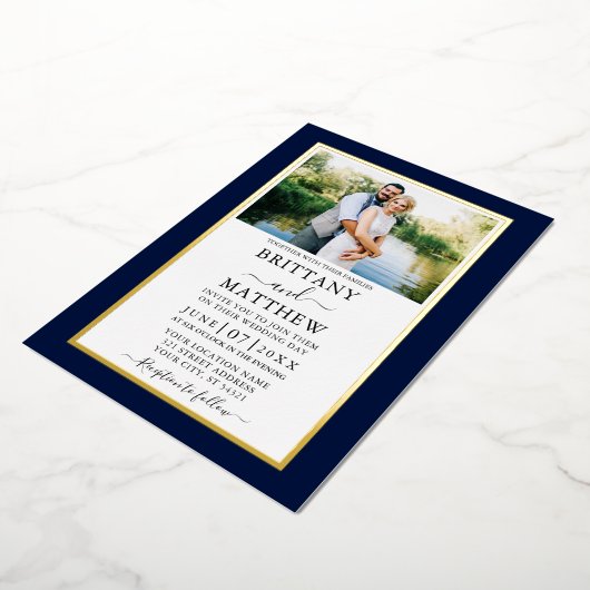 Invitation En Aluminium Mariage photo moderne Elegant Bleu Or (Rotation)