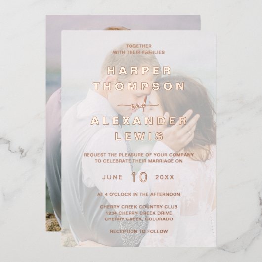 Invitation En Aluminium Mariage photo moderne Rose or (Recto/Verso)
