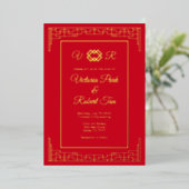 Invitation En Aluminium Mariage photo Monogramme Rouge or asiatique (Debout devant)