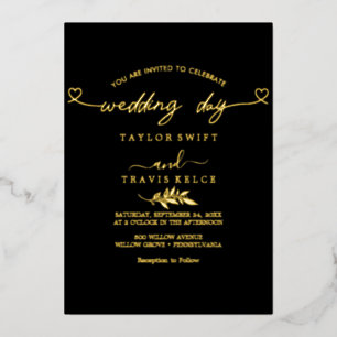 Invitation En Aluminium Mariage photo noir écriture feuille d'or moderne