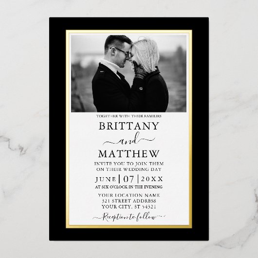 Invitation En Aluminium Mariage photo noir et blanc moderne (Recto)