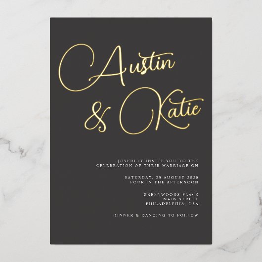 Invitation En Aluminium Mariage photo noir Gold surdimensionné Script Mini (Recto)