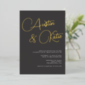 Invitation En Aluminium Mariage photo noir Gold surdimensionné Script Mini (Debout devant)