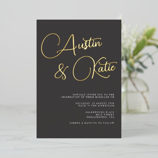 Invitation En Aluminium Mariage photo noir Gold surdimensionné Script Mini (Debout devant)