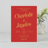 Invitation En Aluminium Mariage photo Red Elegant Foil Script (Debout devant)