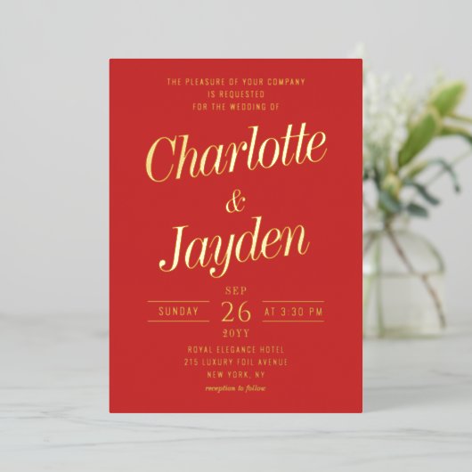 Invitation En Aluminium Mariage photo Red Elegant Foil Script (Debout devant)