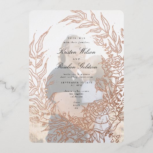 Invitation En Aluminium Mariage photo rose Gold Flower Wreath Emerald (Recto)