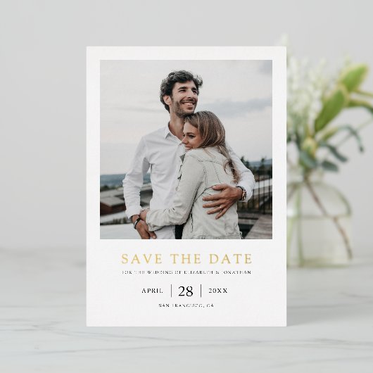 Invitation En Aluminium Mariage photo simple et élégant Enregistrer la dat (Debout devant)