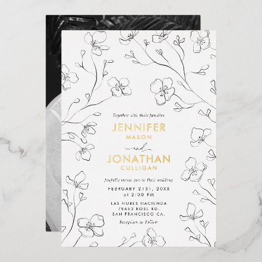 Invitation En Aluminium Mariage photo simple noir et blanc Gold Foil Invit (Recto/Verso)