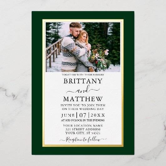 Invitation En Aluminium Mariage photo vert moderne Elegant Or (Recto)