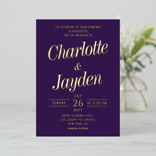 Invitation En Aluminium Mariage photo Violet Elegant Foil Script (Debout devant)