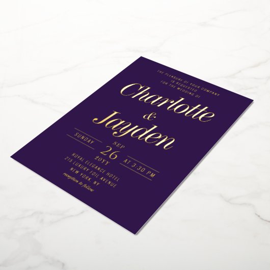Invitation En Aluminium Mariage photo Violet Elegant Foil Script (Rotation)