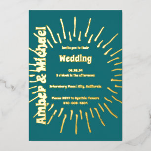 Invitation En Aluminium Mariage rétro bleu sarcelle et soleil doré