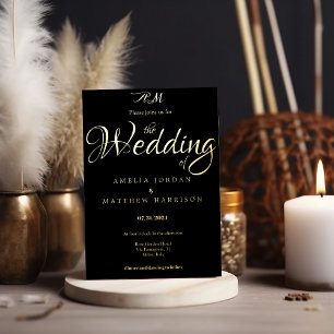 Invitation En Aluminium Mariage Romantique Calligraphie Noir Élégant en Or