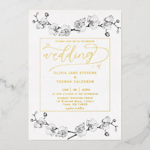 Invitation En Aluminium Mariage romantique orchidées blanches or classique