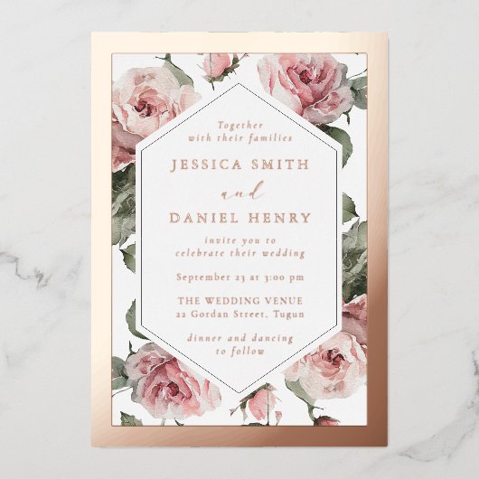 Invitation En Aluminium Mariage rose de cadre Floral Blush Gold (Recto)