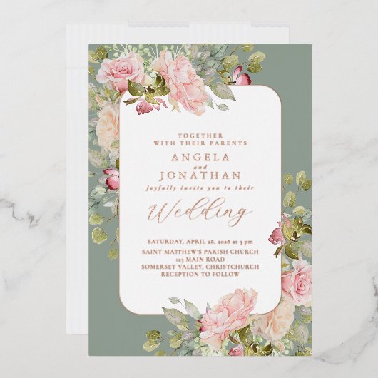 Invitation En Aluminium Mariage rose d'or vert olive (Enveloppe)