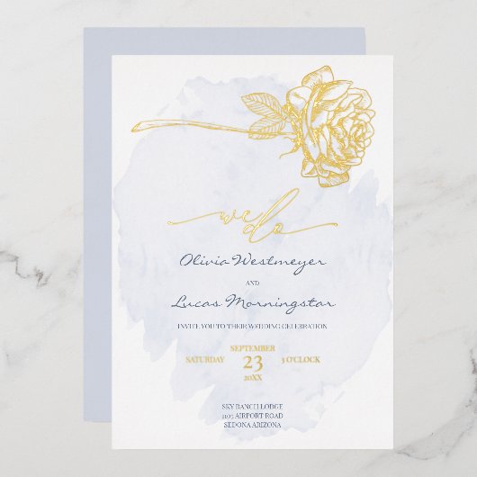 Invitation En Aluminium MARIAGE | Rose doré sur Dusty Blue (Recto/Verso)