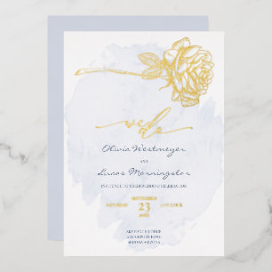 Invitation En Aluminium MARIAGE    Rose dorée sur fond bleu poussiéreux