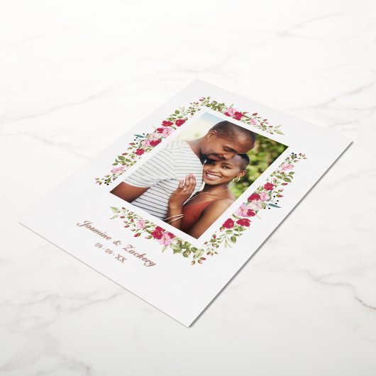 Invitation En Aluminium Mariage rose et rouge Fleurs et branches Photo (Rotation)