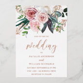 Invitation En Aluminium Mariage rose Gold Foil & Blush Flower (Recto)