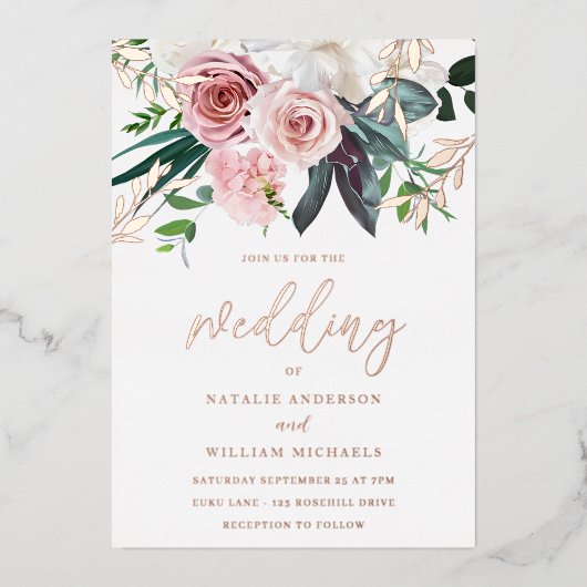 Invitation En Aluminium Mariage rose Gold Foil & Blush Flower (Recto)