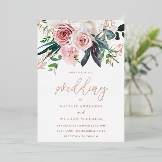Invitation En Aluminium Mariage rose Gold Foil & Blush Flower (Debout devant)