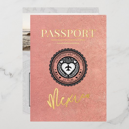 Invitation En Aluminium Mariage rose Gold Mexico Passport (Recto/Verso)