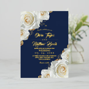 Invitation En Aluminium Mariage Roses Ivoire Or et Bleu Marine