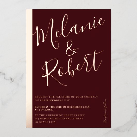 Invitation En Aluminium Mariage rouge moderne photo rose or strié (Recto)