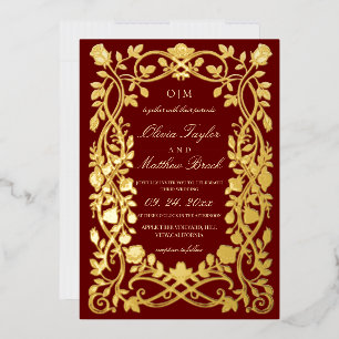 Invitation En Aluminium Mariage Royal Orné Roses Bordeaux et Or Feuille