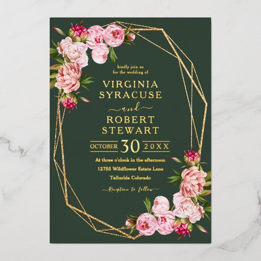 Invitation En Aluminium Mariage Royal Vert Géométrique Rose (Recto)